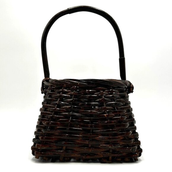 Moody VTG Woven Wicker Dark Brown Rattan Basket Sturdy Bamboo Handle Primitive - Picture 2 of 9